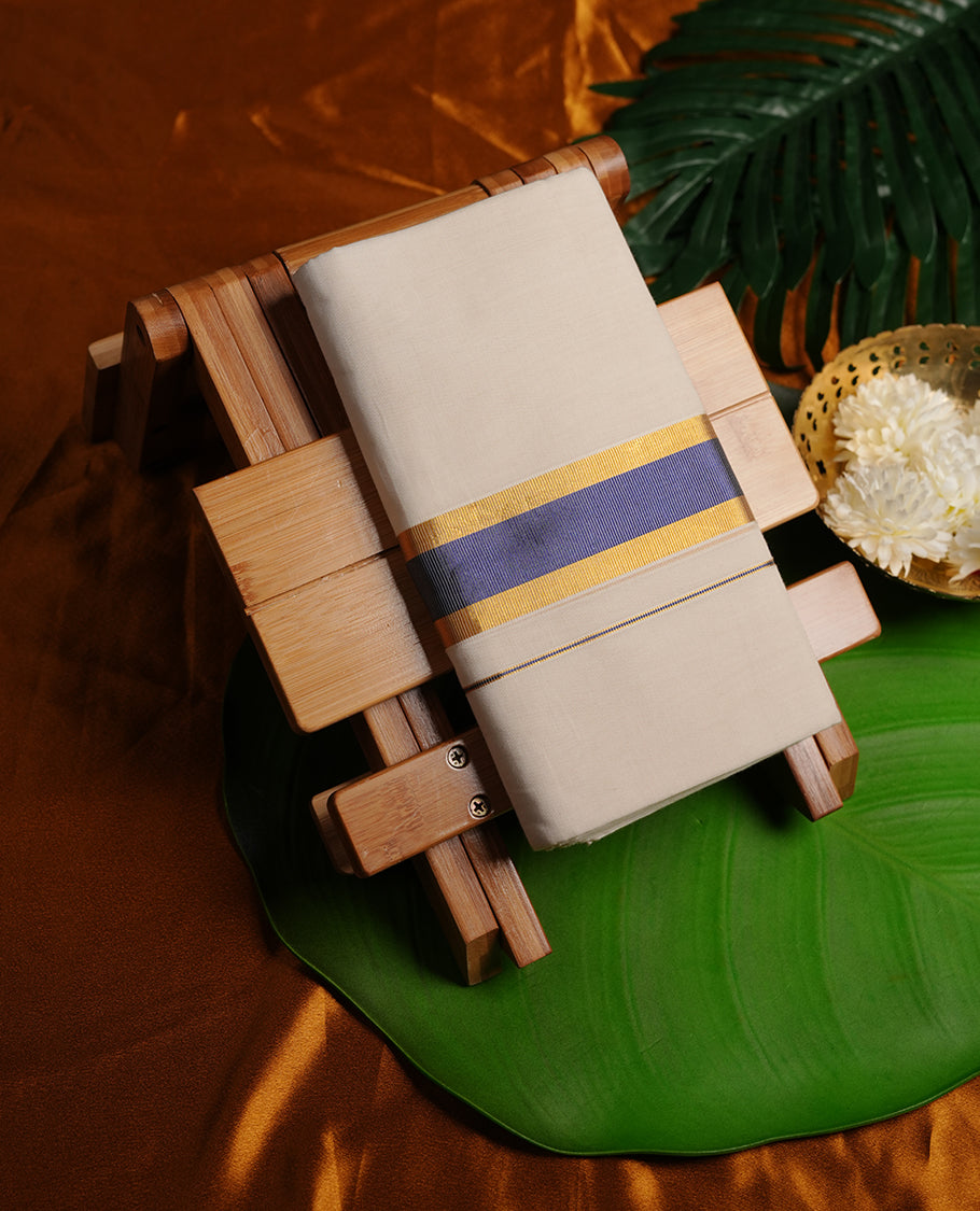 Cream colour cotton double dhoti featuring dark blue and gold colour border