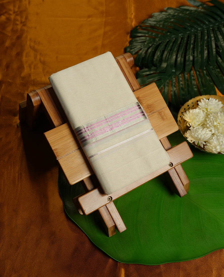 Cream Colour Pure Cotton double Dhoti with Pink and silver Colour Border for Men