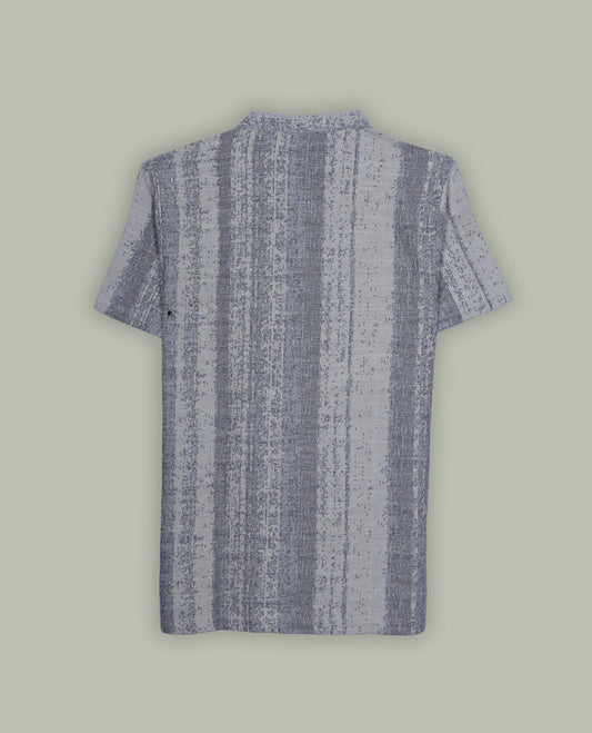 Light grey & slate blue colour shirt adorned with subtle vertical textured stripe patterns, featuring a smart mandarin collar and comfortable short sleeves