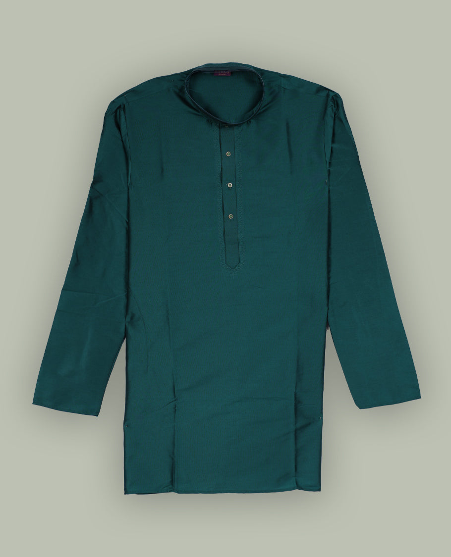 Rich teal blue colour mens kurta featuring elegant embroidery on the neckline & Crafted in a refined style with full sleeves, offering a perfect blend of tradition.