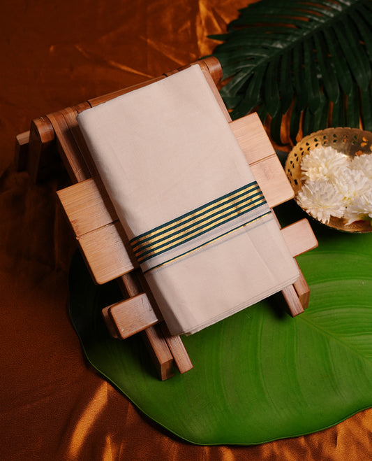 Cream colour cotton double dhoti featuring dark green and gold colour border