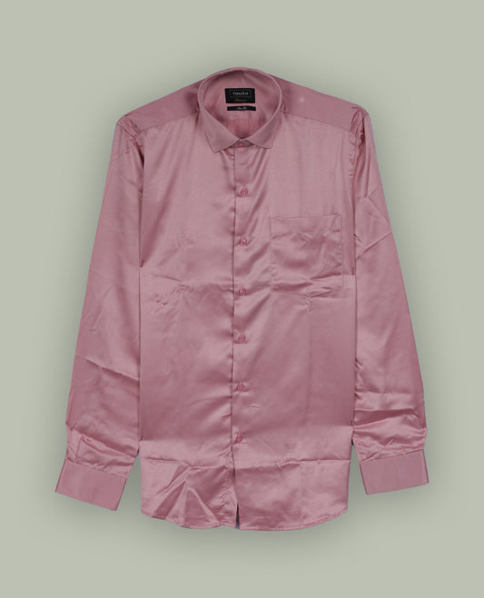 Rich pink colour satin shirt with a glossy finish, featuring a classic collar and full sleeves with broad cuffs, Designed with a front pocket and button-down style, adding a refined touch to formal or party looks.