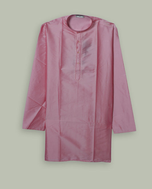 Pink colour mens kurta featuring elegant embroidery on the neckline & Crafted in a refined style with full sleeves, offering a perfect blend of tradition.