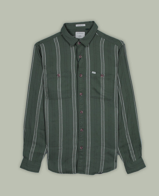 Deep green colour shirt with white vertical stripes, crafted in soft cotton for all day comfort, Featuring full sleeves, dual chest pockets, and a classic collar, it delivers a bold yet timeless casual style.