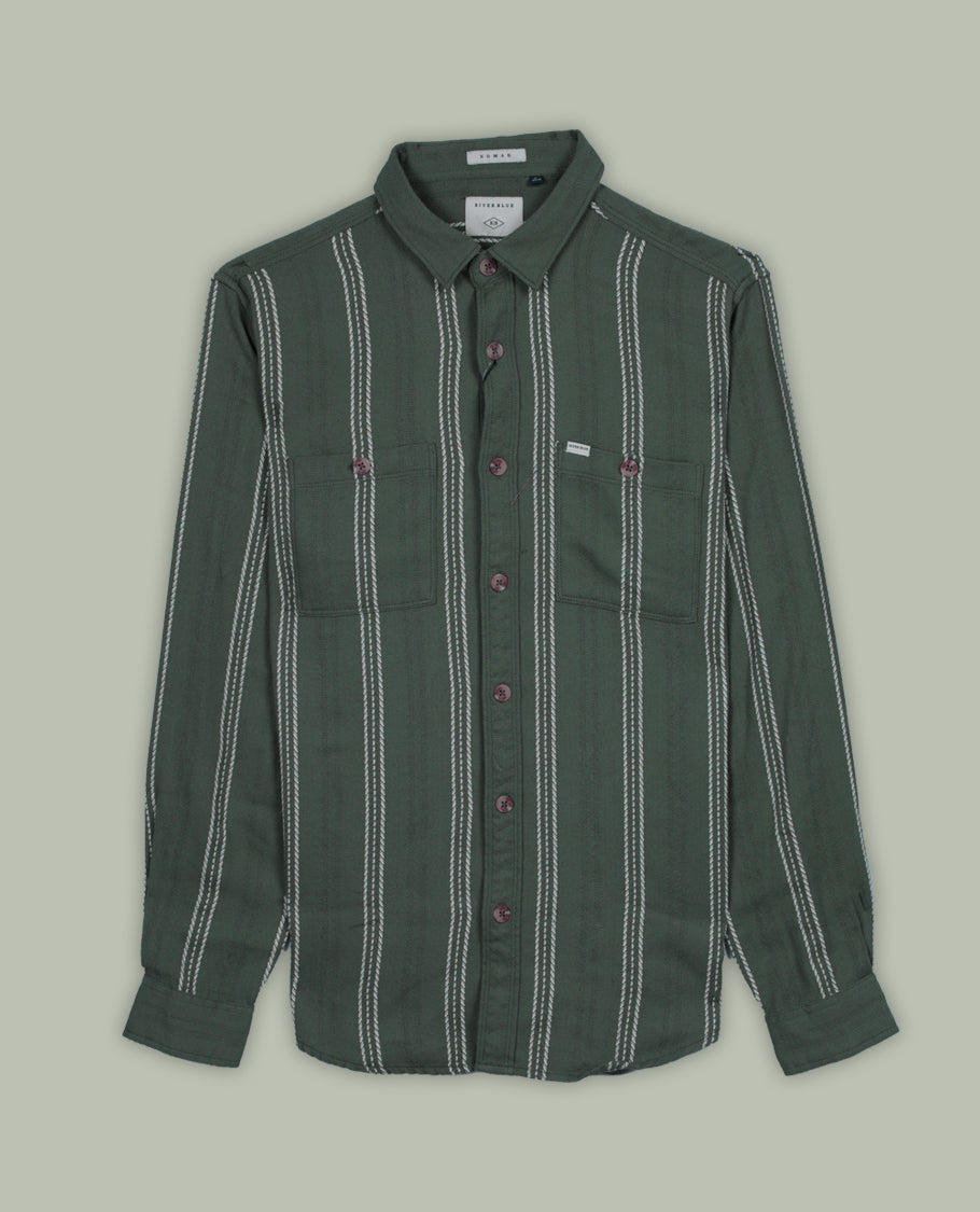 Deep green colour shirt with white vertical stripes, crafted in soft cotton for all day comfort, Featuring full sleeves, dual chest pockets, and a classic collar, it delivers a bold yet timeless casual style.