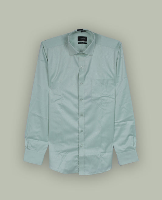 Light mint green colour long sleeve shirt with a subtle dotted pattern, Features a classic collar, front button closure, and single chest pocket & Made from smooth, breathable fabric.