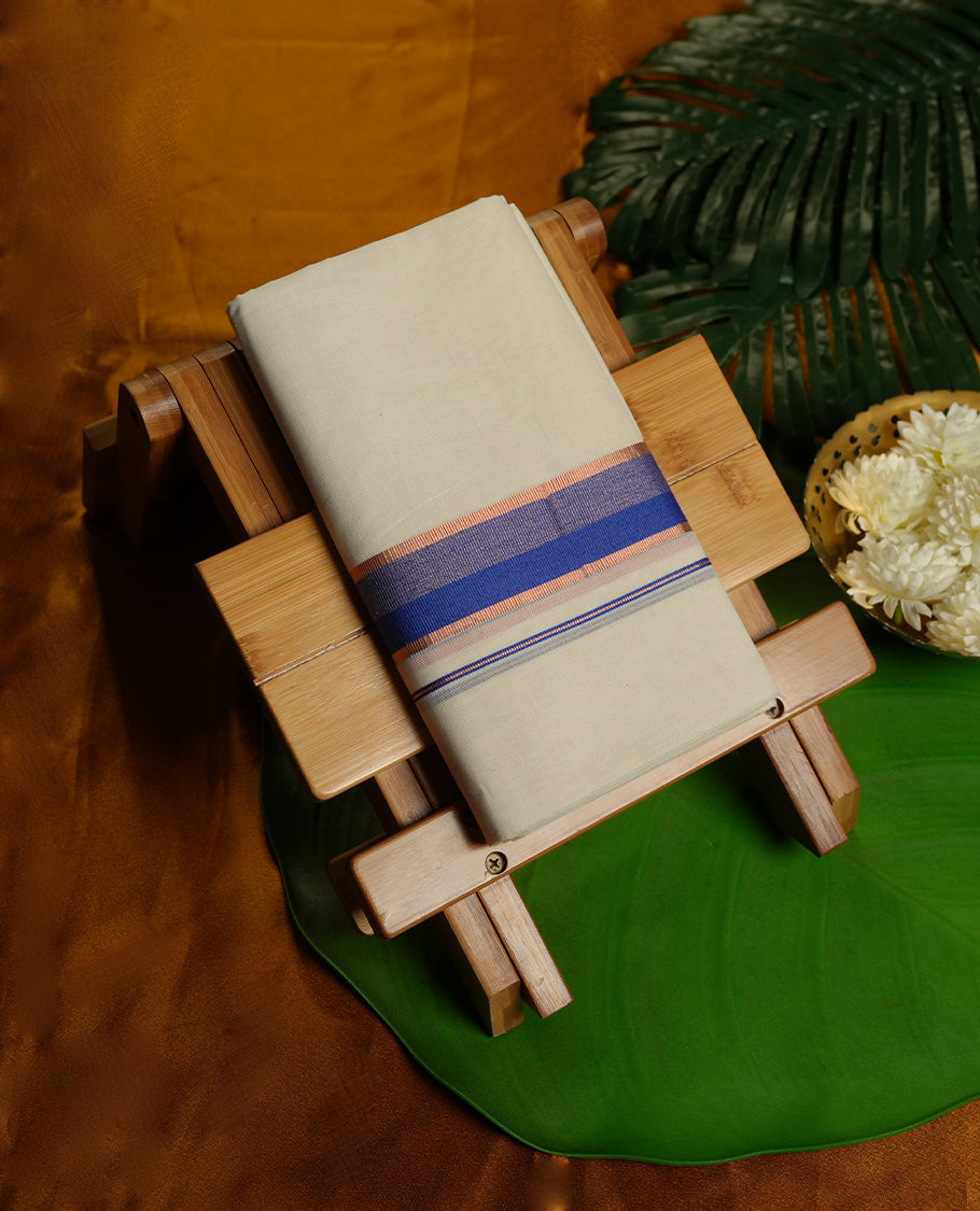 Cream Colour Pure Cotton double Dhoti with Navy blue and gold Colour Border for Men