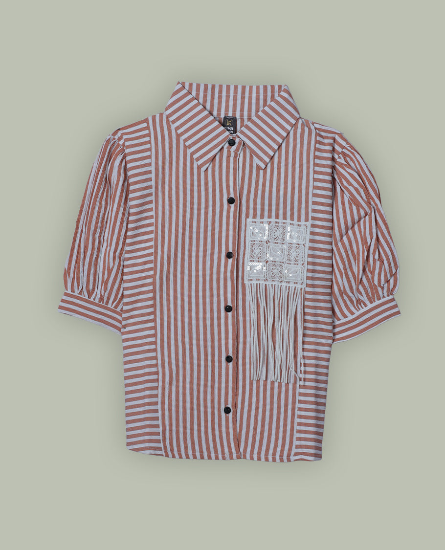Orange & white colour shirt top with decorative front button & stripped body, thread pattern and sleeve.