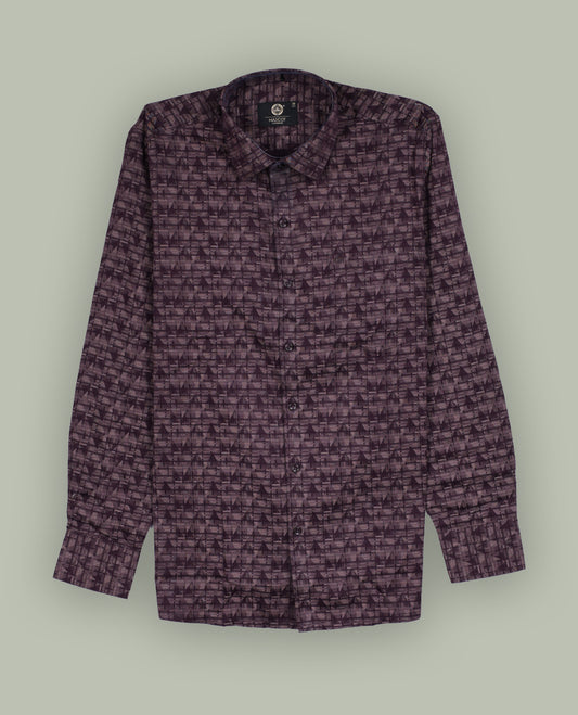 Wine colour geometric print shirt with a classic spread collar and full sleeves, Crafted from a premium cotton blend, it offers comfort and elegance.