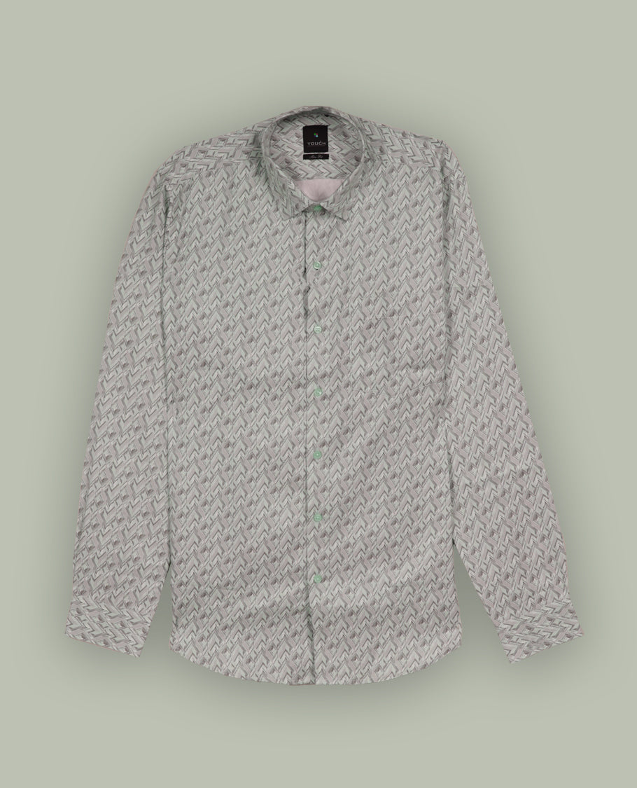 Cream colour patterned shirt with a classic spread collar and full sleeves, Designed with a modern geometric print, this shirt offers premium comfort and timeless style.