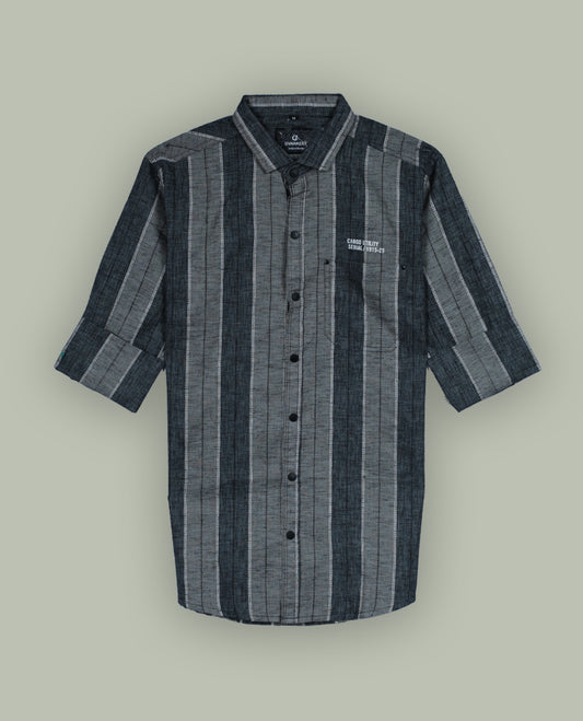 Grey colour striped shirt featuring a smart classic collar and comfortable full sleeves, Crafted in a soft fabric with a front button placket and minimal chest text print, giving a casual yet stylish appeal.