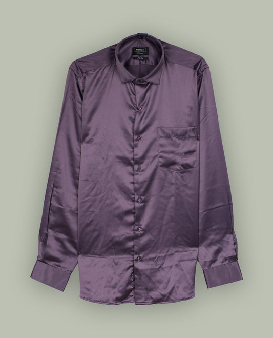 Rich purple colour satin shirt with a glossy finish, featuring a classic collar and full sleeves with broad cuffs, Designed with a front pocket and button-down style, adding a refined touch to formal or party looks.