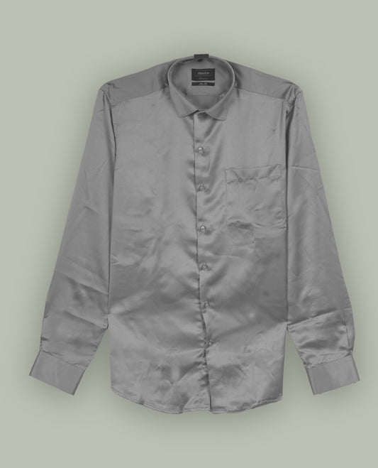 Pastel grey colour satin shirt with a smooth, lustrous finish, Features a classic collar, full sleeves with cuffs, and a front pocket & Perfect for evening wear or special occasions with a sleek, polished look.