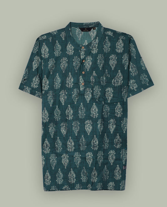 Teal colour shirt featuring traditional off white handblock motifs all over & Styled with a chinese collar, short sleeves, and stylish buttons.