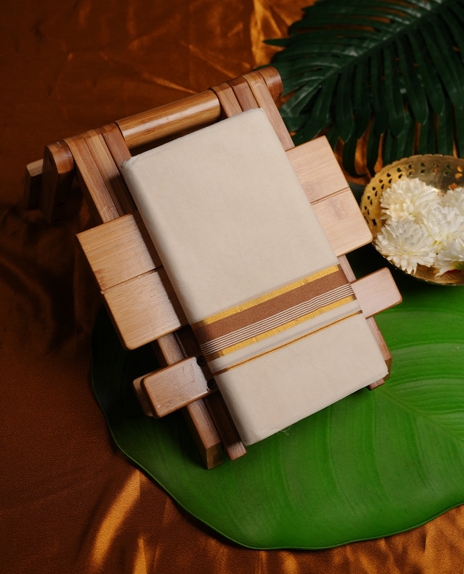 Cream colour cotton double dhoti featuring brown colour border with gold zari border