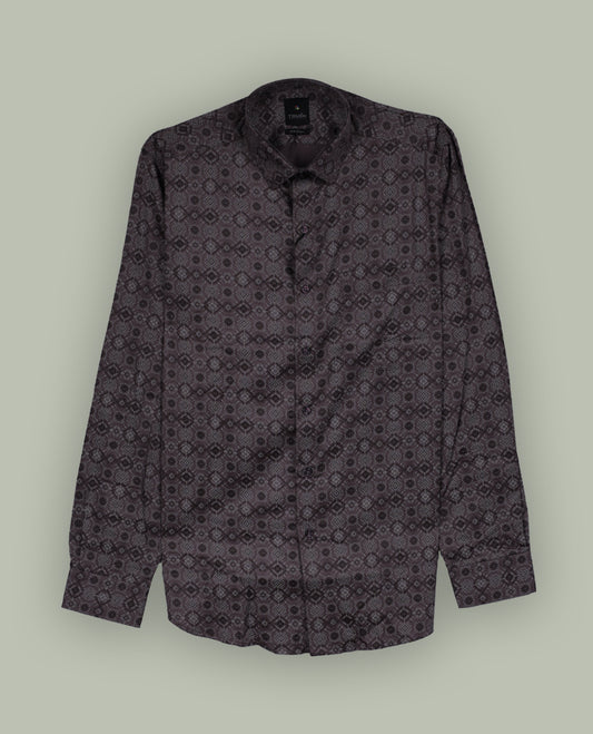 Mauve colour patterned long sleeve shirt featuring an intricate geometric print, Made from smooth, lightweight fabric with a subtle sheen. Includes a classic collar and button down front.