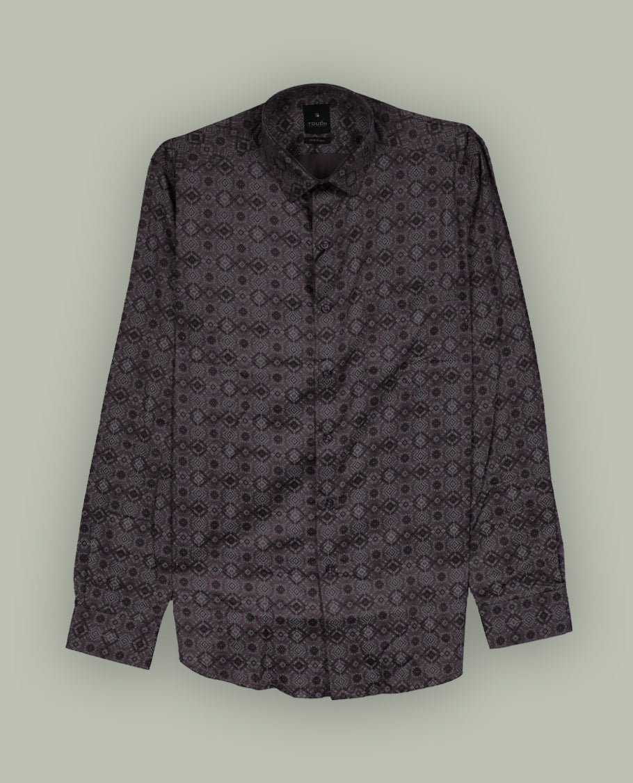 Mauve colour patterned long sleeve shirt featuring an intricate geometric print, Made from smooth, lightweight fabric with a subtle sheen. Includes a classic collar and button down front.