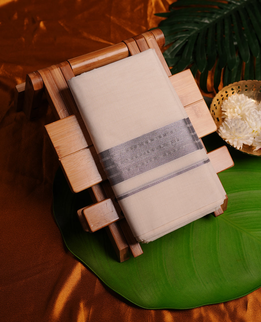 Cream colour cotton double dhoti featuring lavender grey colour border
