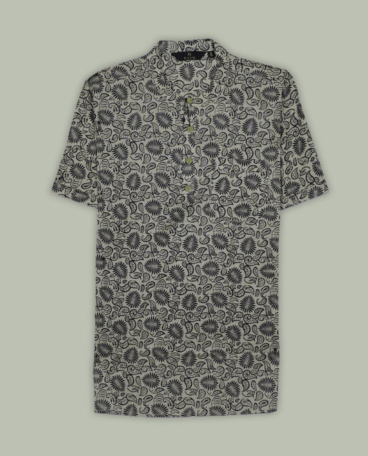 Beige colour short sleeve shirt with black floral and paisley print, featuring a classic chinese collar and wooden button half placket, A breezy and stylish pick for both relaxed days and casual evenings.