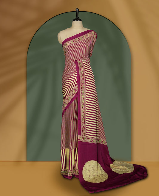 Maroon and beige colour striped saree with elegant embroidered borders and abstract beige pallu accents & Paired with matching blouse.