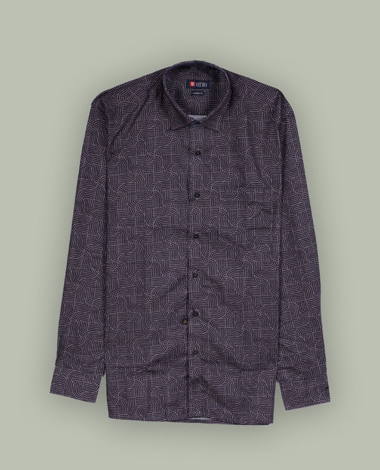 Dark purple colour shirt with a geometric pattern, featuring a classic spread collar and full sleeves, Made from premium fabric for comfort and durability.