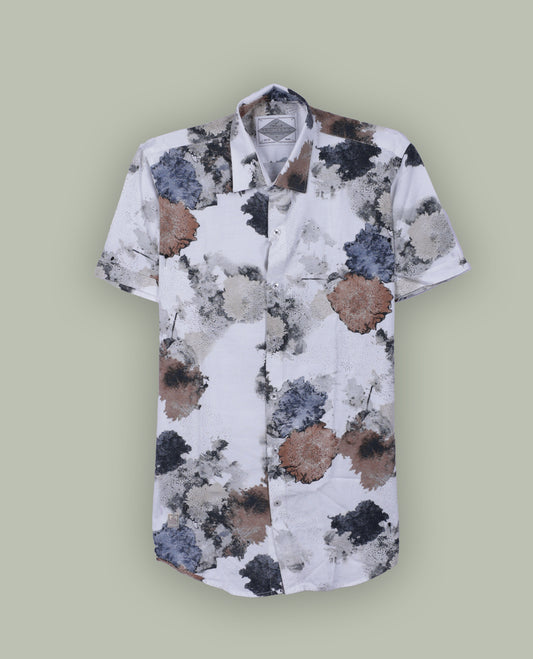 White colour short sleeve shirt features a rounded spread collar and a watercolor style floral print in brown, black, and blue & its ideal for both casual days and laid back evenings.
