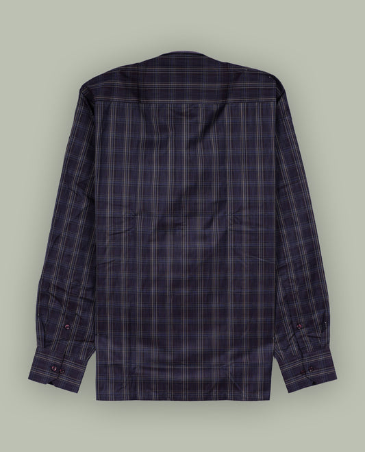 Dark navy blue colour checkered shirt with subtle beige and grey lines, Features full sleeves, buttoned cuffs, and a smart casual look.