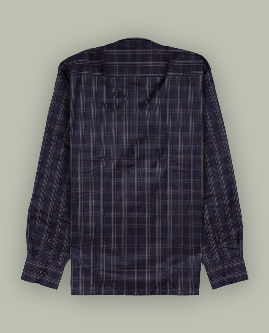 Dark navy blue colour checkered shirt with subtle beige and grey lines, Features full sleeves, buttoned cuffs, and a smart casual look.