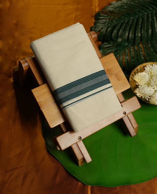 Cream Colour Pure Cotton double Dhoti with Dark Green Colour Border for Men