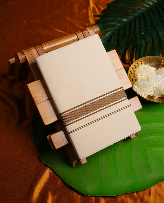 Cream colour MCR double dhoti featuring Mehendi green and silver colour kasavu zari border