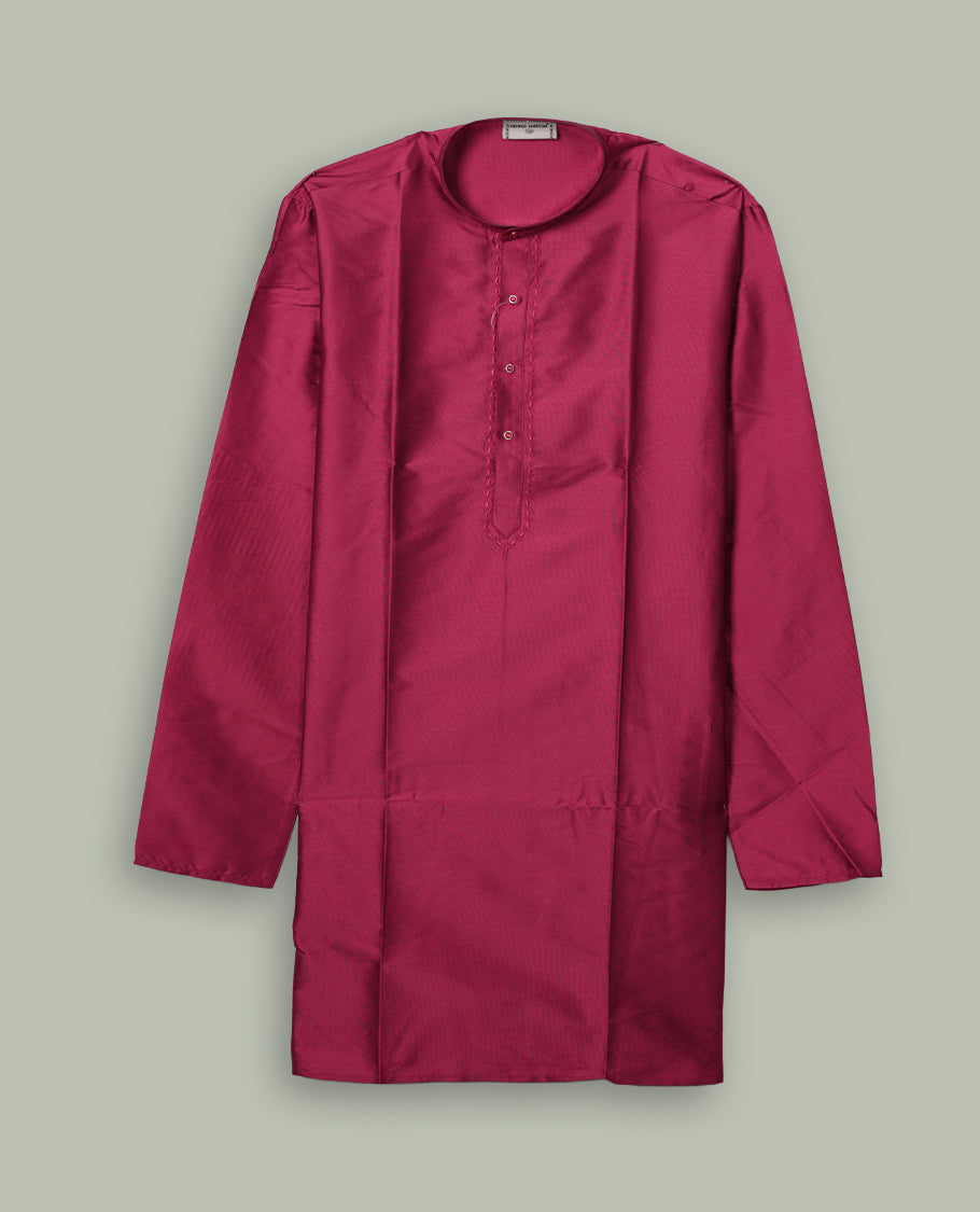 Crimson colour mens kurta featuring elegant embroidery on the neckline & Crafted in a refined style with full sleeves, offering a perfect blend of tradition.