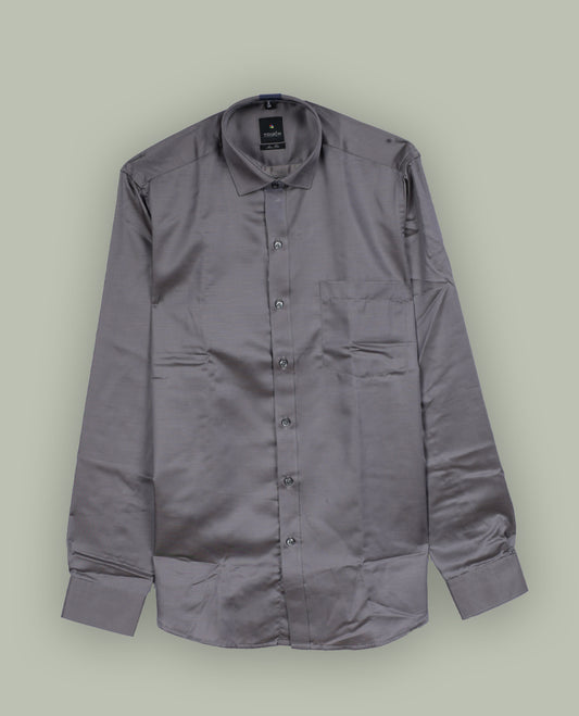 Grey colour satin shirt with a smooth, lustrous finish, Features a classic collar, full sleeves with cuffs, and a front pocket & Perfect for evening wear or special occasions with a sleek, polished look.