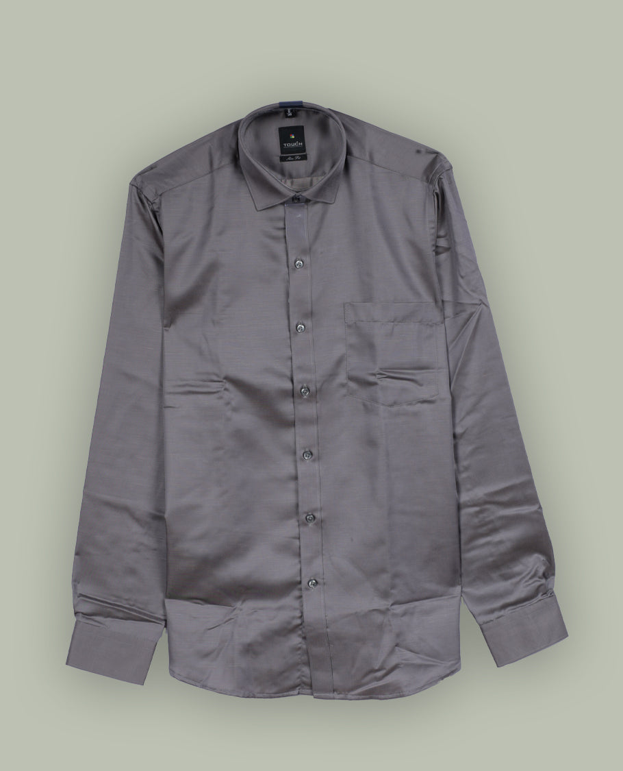Grey colour satin shirt with a smooth, lustrous finish, Features a classic collar, full sleeves with cuffs, and a front pocket & Perfect for evening wear or special occasions with a sleek, polished look.