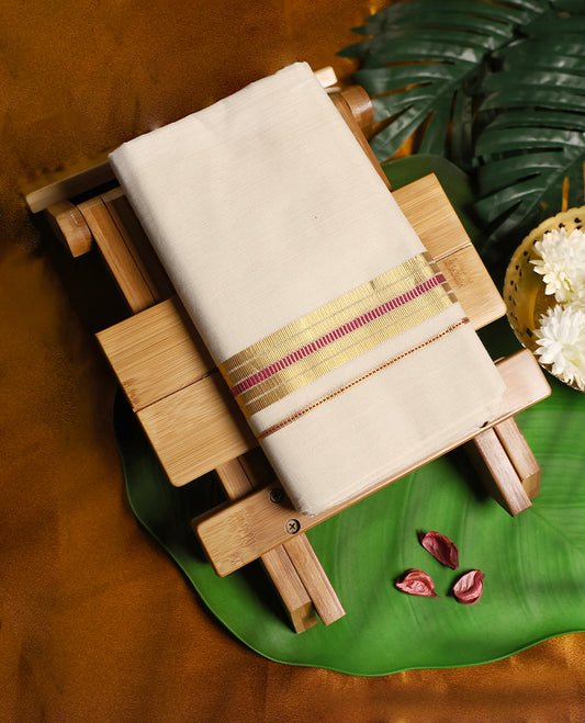 Traditional off white pure handloom cotton double dhoti highlighted with a golden zari border and dark magenta accents, creating a rich and graceful look ideal for weddings, festive occasions, and cultural ceremonies.