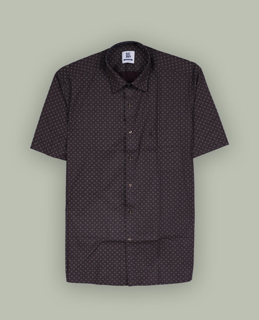 Brown colour printed short sleeve shirt with a classic spread collar, Made from soft, breathable fabric, it blends comfort and style perfectly.