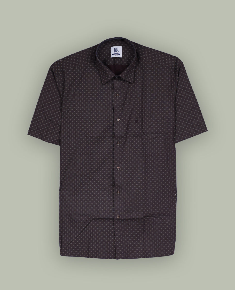 Brown colour printed short sleeve shirt with a classic spread collar, Made from soft, breathable fabric, it blends comfort and style perfectly.