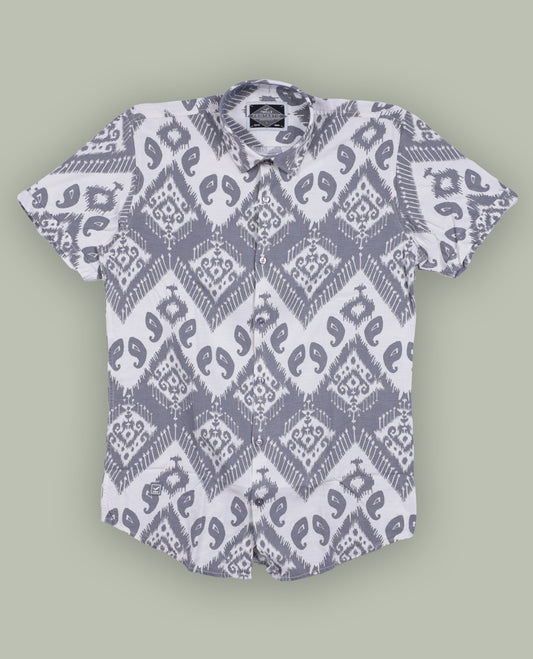 Off white colour shirt featuring stylish grey prints all over, Designed with a classic shirt collar and short sleeves, this shirt offers a modern yet casual appeal.