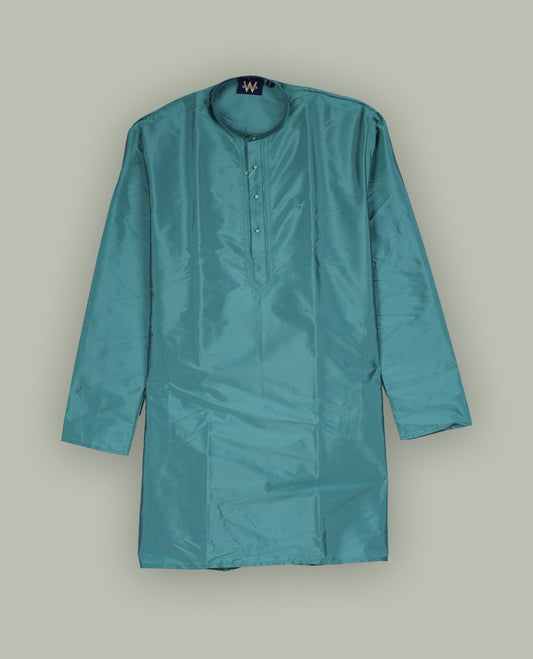 Rich turquoise blue colour mens kurta featuring elegant embroidery on the neckline & Crafted in a refined style with full sleeves, offering a perfect blend of tradition.