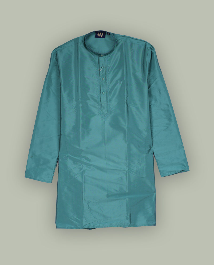 Rich turquoise blue colour mens kurta featuring elegant embroidery on the neckline & Crafted in a refined style with full sleeves, offering a perfect blend of tradition.