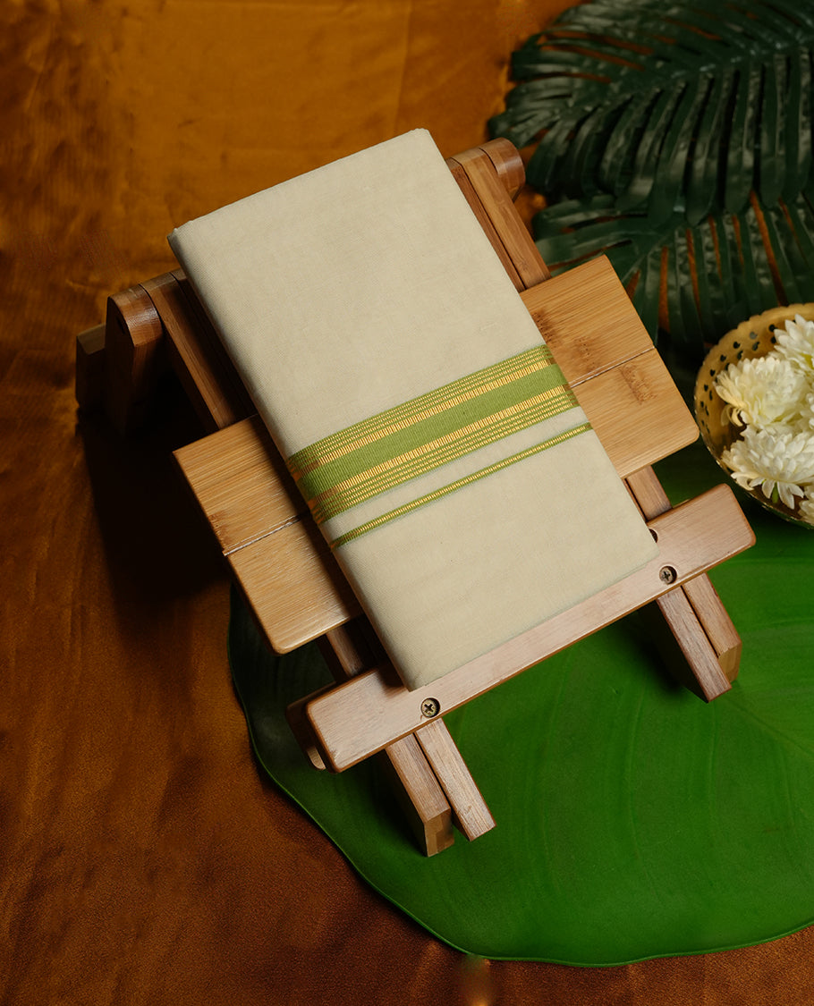 Cream Colour Pure Cotton double Dhoti with Light Green and gold Colour Border for Men