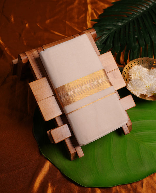Cream colour cotton double dhoti featuring 3 inch gold kasavu zari border