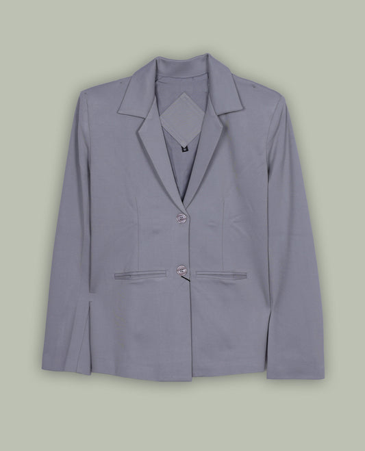 Gray colour blazer featuring a notched lapel collar, button-front closure and flap pockets, finished with long sleeves and a tailored silhouette.
