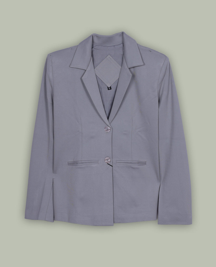 Gray colour blazer featuring a notched lapel collar, button-front closure and flap pockets, finished with long sleeves and a tailored silhouette.