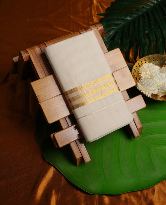 Cream colour cotton double dhoti featuring gold stripes zari border