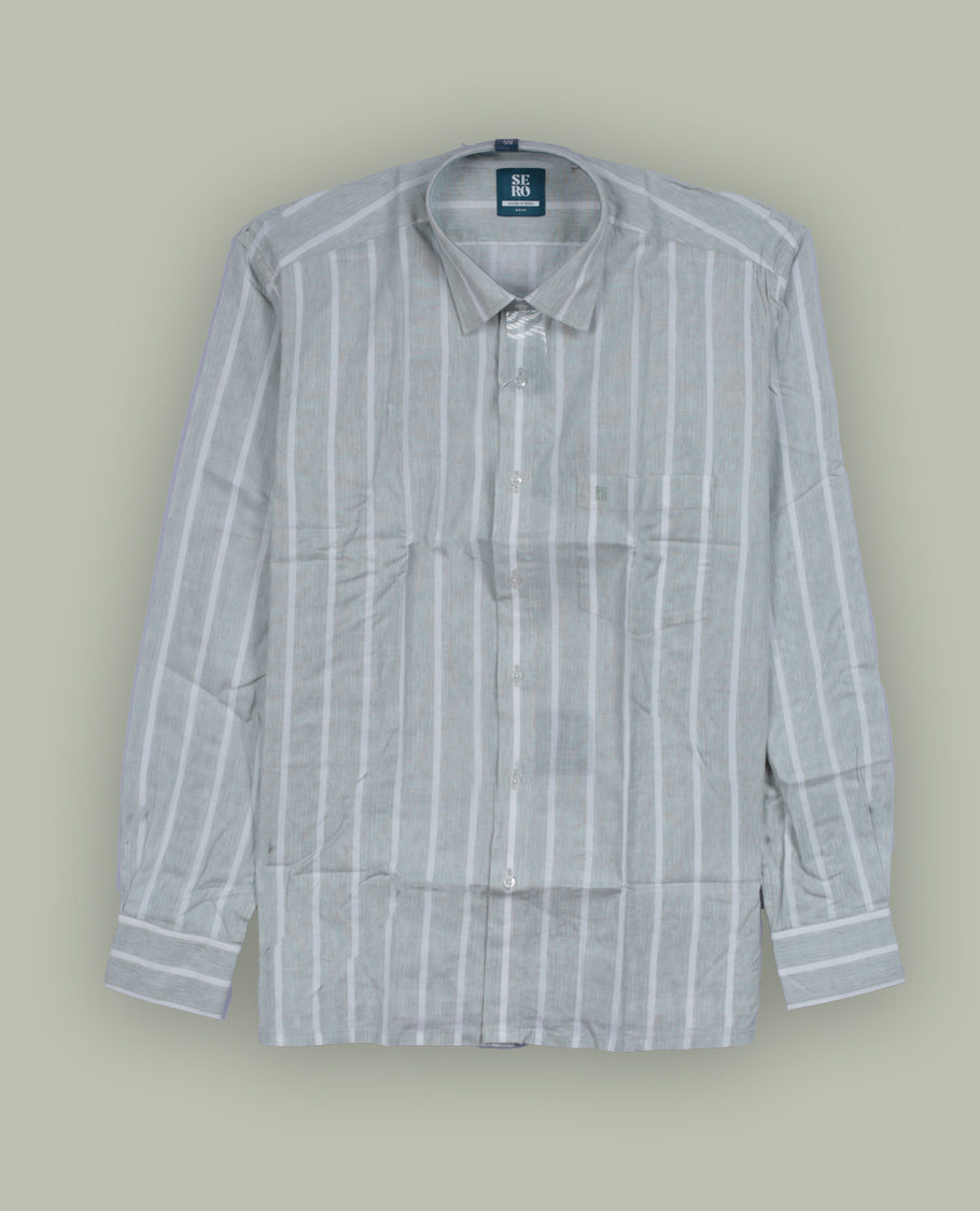 Light green colour full sleeve shirt featuring vertical white stripes for a clean, slimming look & Styled with a classic collar, button down front, and chest pocket.