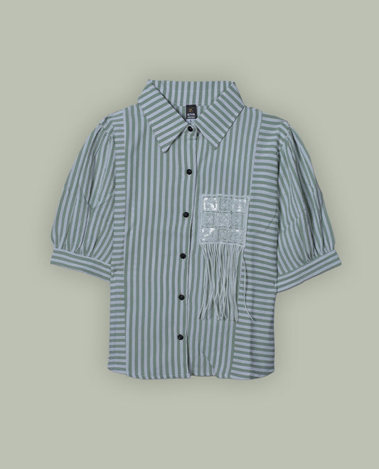 Green & white colour shirt top with decorative front button & stripped body, thread pattern and sleeve.