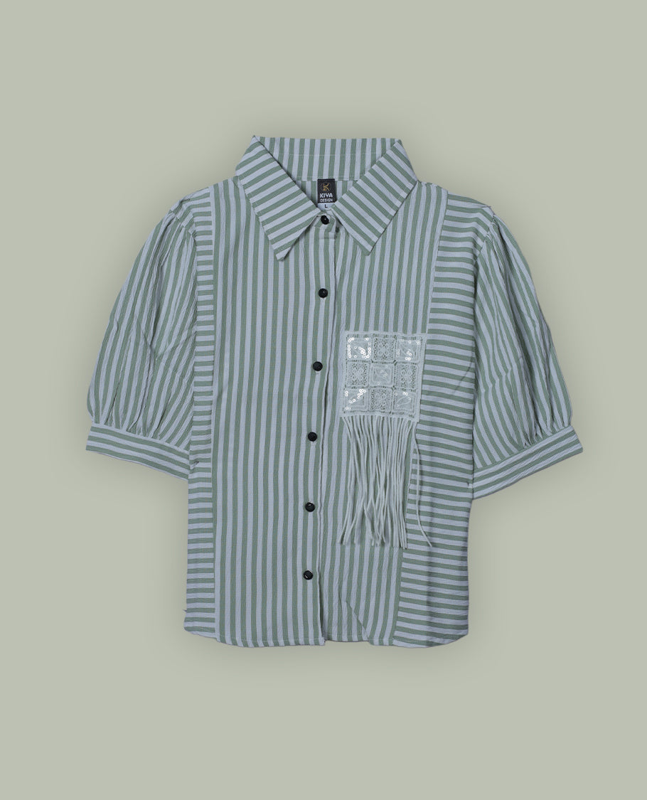 Green & white colour shirt top with decorative front button & stripped body, thread pattern and sleeve.