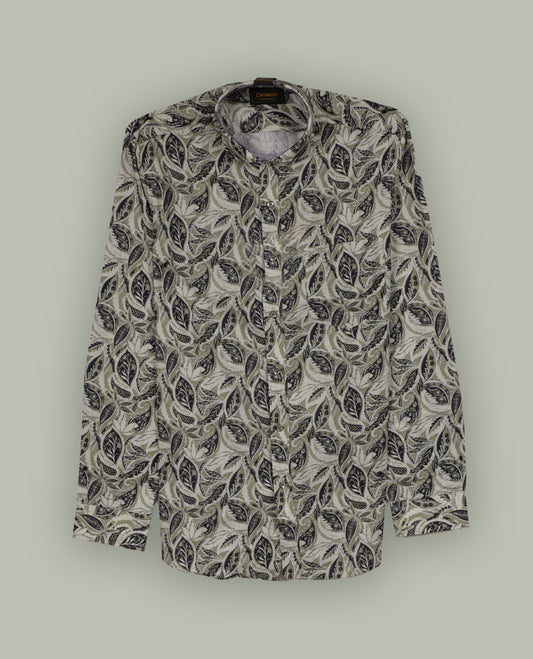 Olive green colour leaf printed full sleeve shirt featuring an all over hand drawn botanical design, Styled with a neat mandarin collar and button down front, offering a trendy and refreshing look.