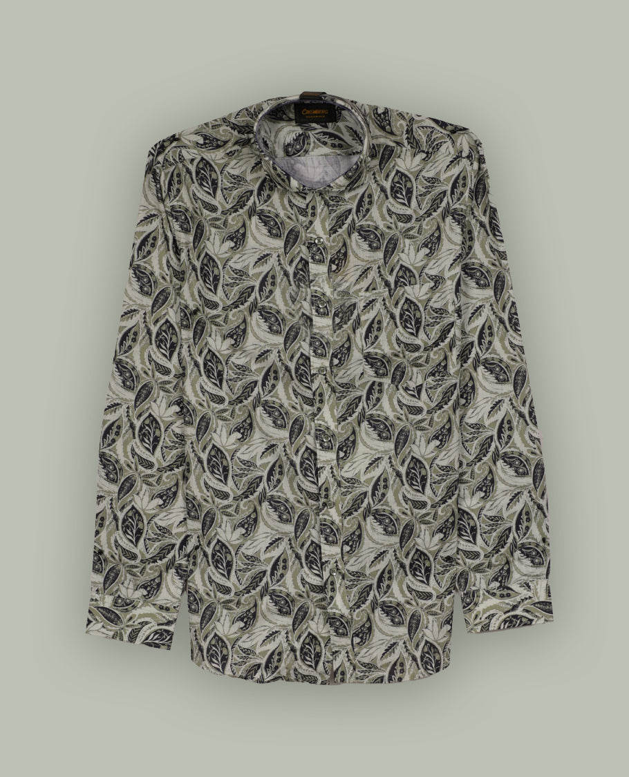 Olive green colour leaf printed full sleeve shirt featuring an all over hand drawn botanical design, Styled with a neat mandarin collar and button down front, offering a trendy and refreshing look.