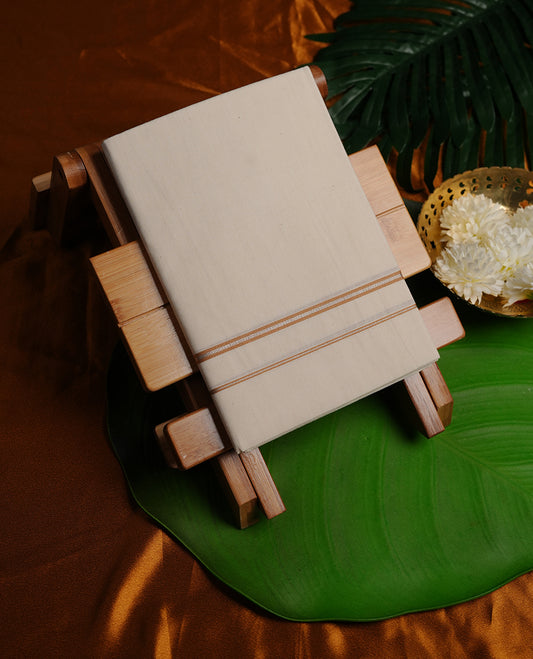 Cream colour cotton single dhoti featuring light brown and silver colour thin kasavu zari border